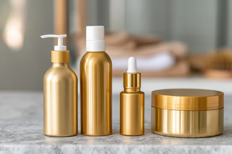 Gold metallic hair care product containers arranged on a marble countertop in a bathroom setting