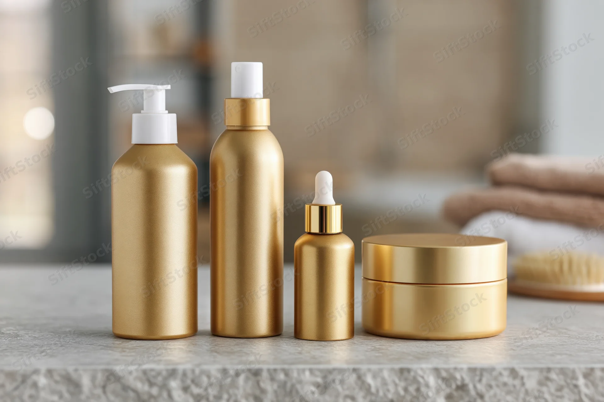 Gold metallic hair care product containers arranged on a bathroom countertop