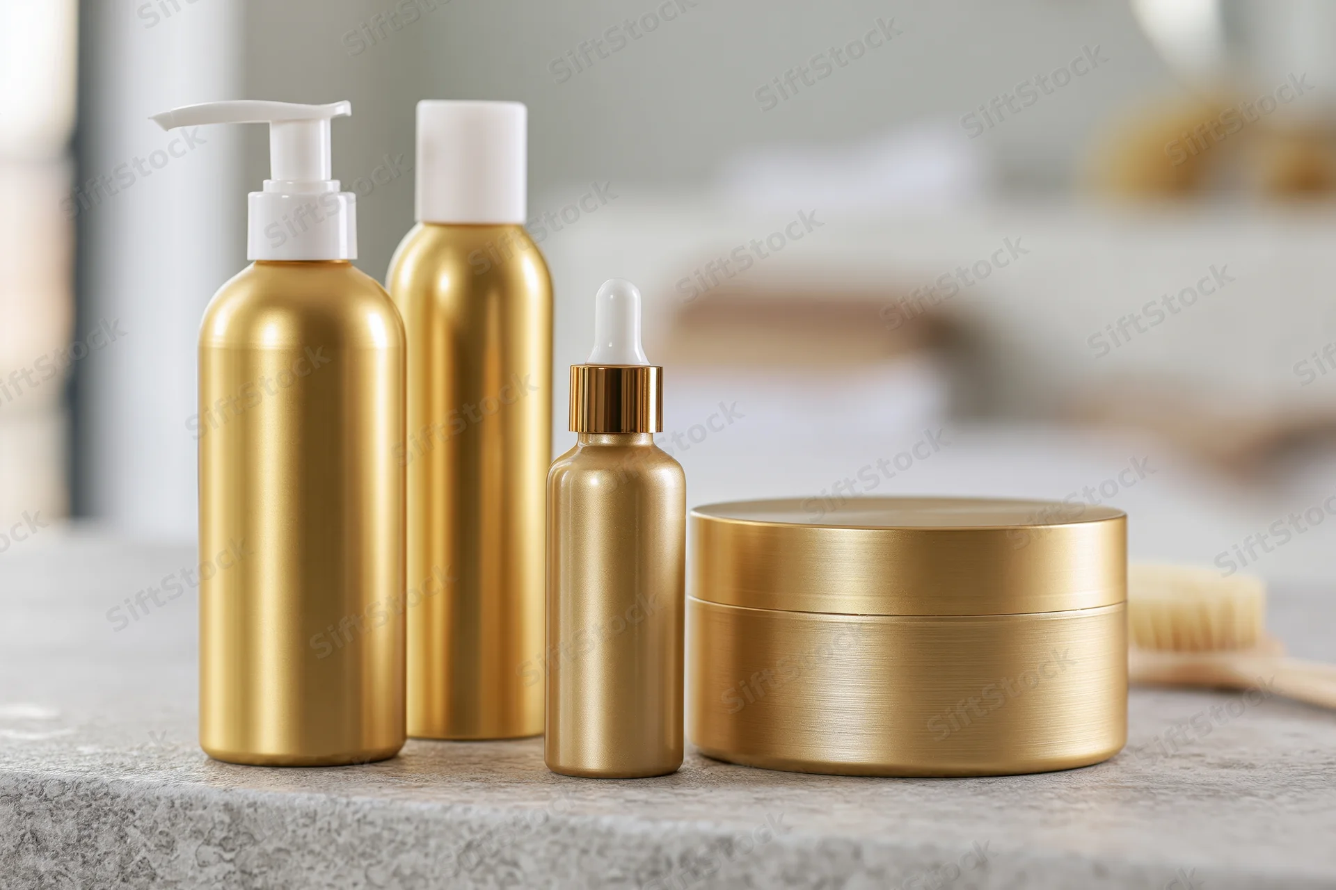 Gold metallic hair care product containers arranged on a stone countertop