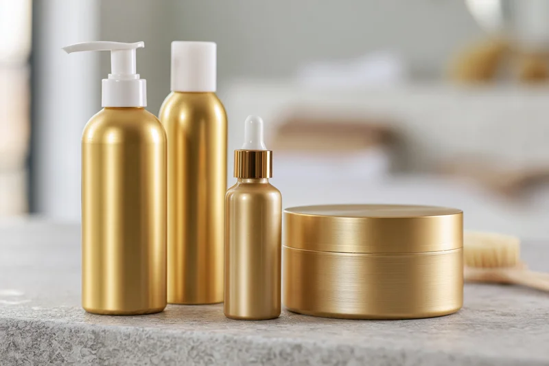 Gold metallic hair care product containers arranged on a stone countertop