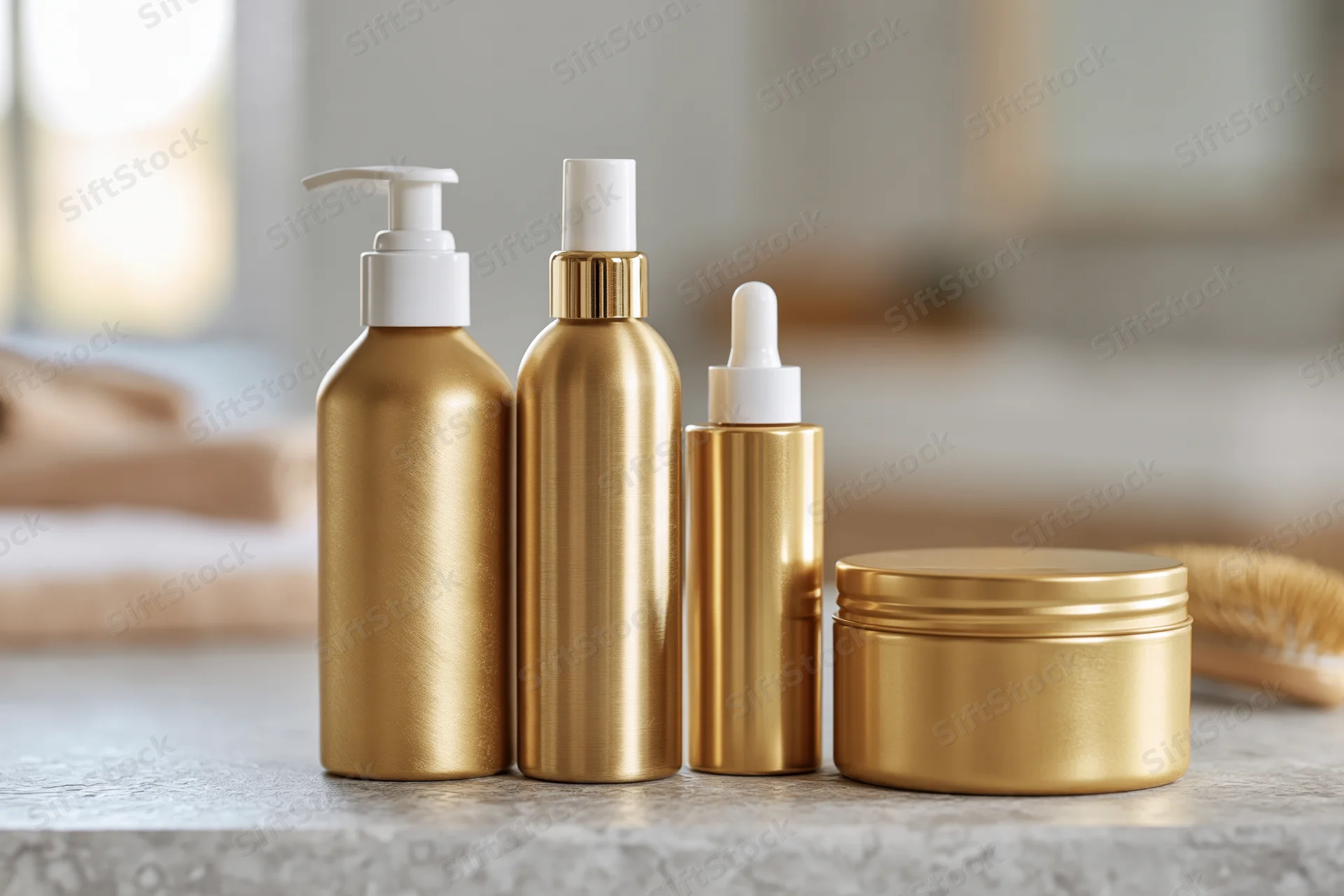 Gold metallic hair care bottles and jar arranged on a countertop in a bathroom setting