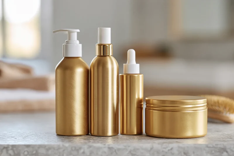Gold metallic hair care bottles and jar arranged on a countertop in a bathroom setting