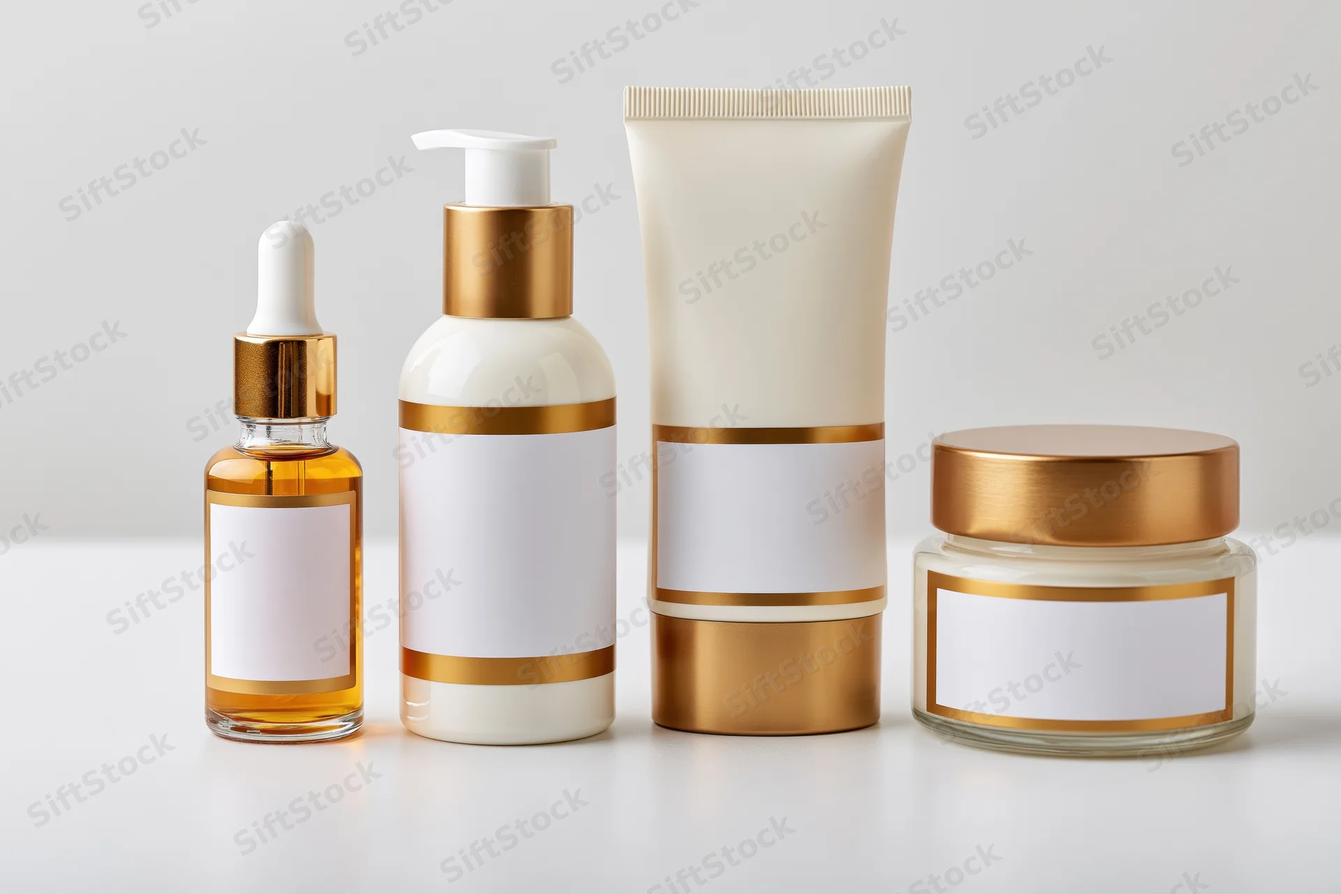 Four luxury skincare containers arranged in a row on a plain white surface with blank labels for branding