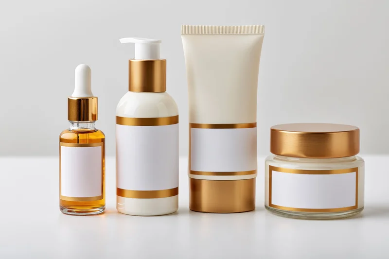 Four luxury skincare containers arranged in a row on a plain white surface with blank labels for branding