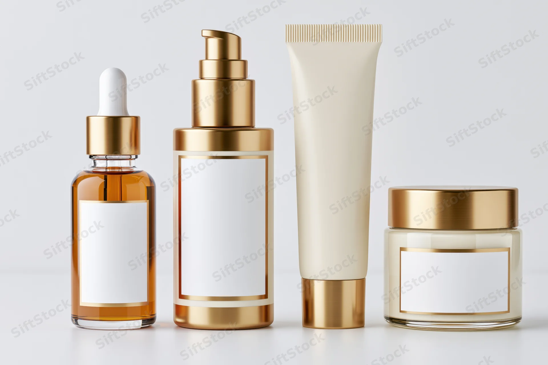 Four luxury skincare containers arranged in a row on a plain white surface with blank labels for branding