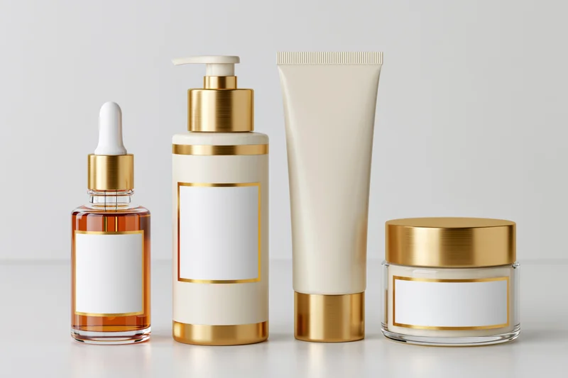 Four luxury skincare containers arranged in a row on a plain white surface with blank labels for branding