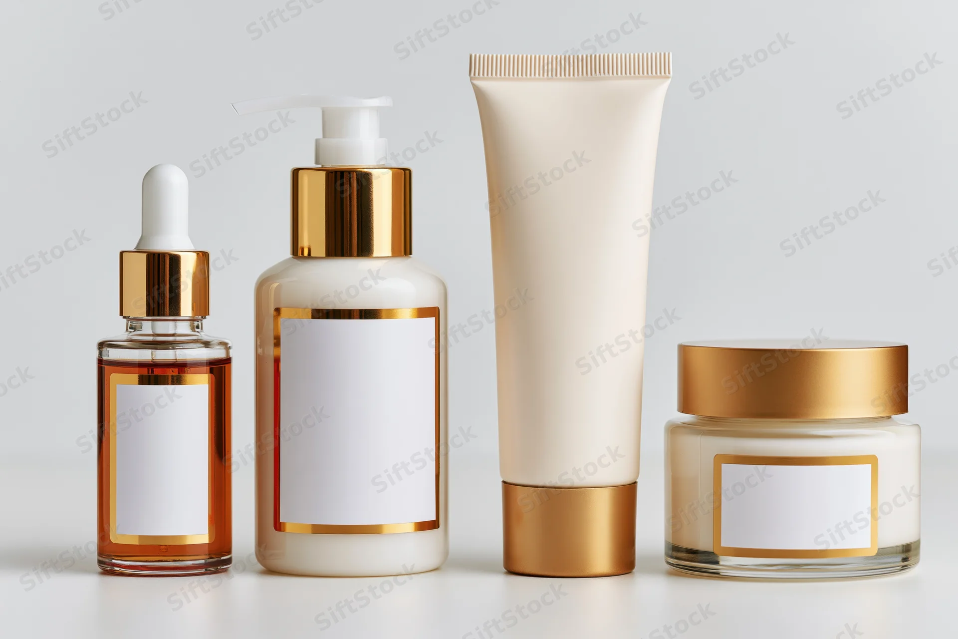 Four luxury skincare containers arranged in a row on a plain white surface with blank labels for branding
