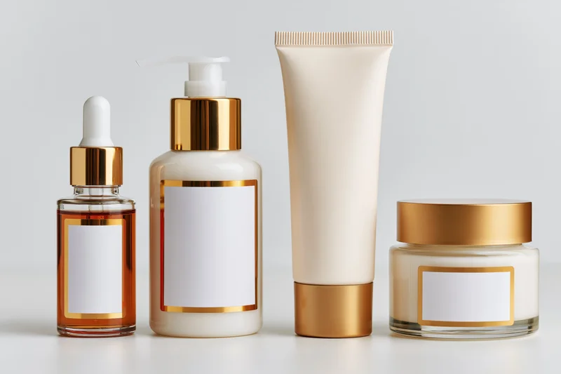Four luxury skincare containers arranged in a row on a plain white surface with blank labels for branding