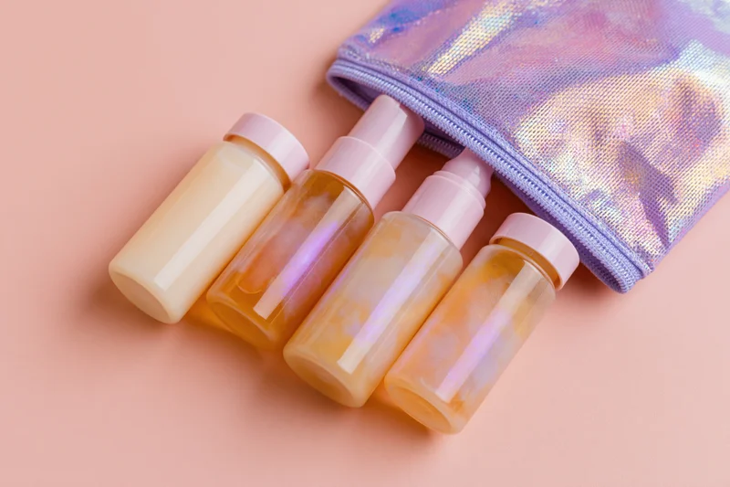 Four travel-size skincare bottles and a pump dispenser spilling from an iridescent pouch on a pastel pink surface
