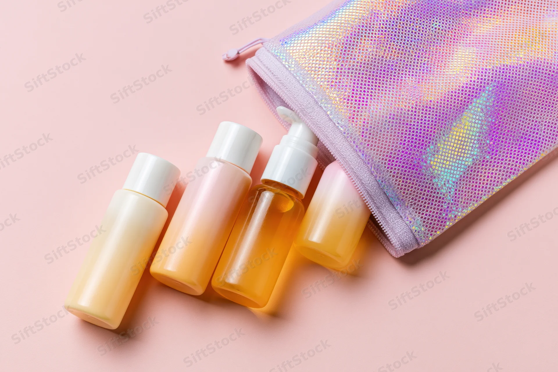 Travel-size skincare bottles and a pump dispenser spilling from a holographic mesh pouch on a pastel pink surface