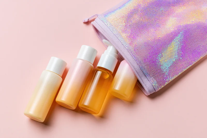 Travel-size skincare bottles and a pump dispenser spilling from a holographic mesh pouch on a pastel pink surface