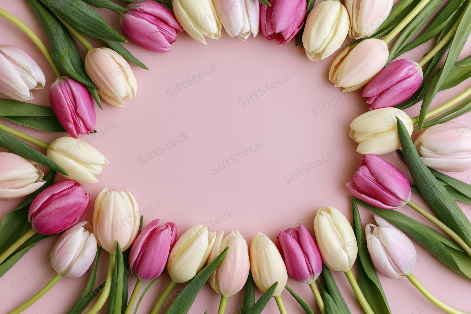 Tulips arranged in an oval frame on a pink surface with copyspace in center