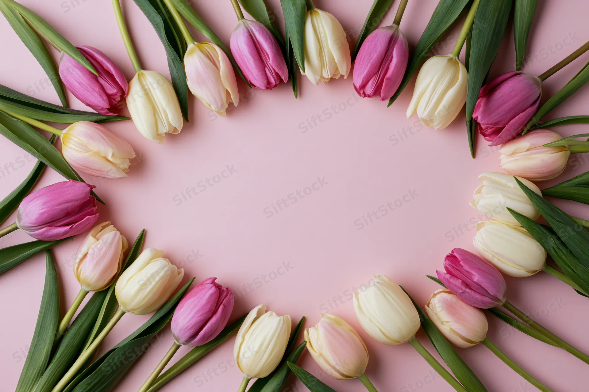 Tulips arranged in an oval frame on a pink surface with copyspace in center