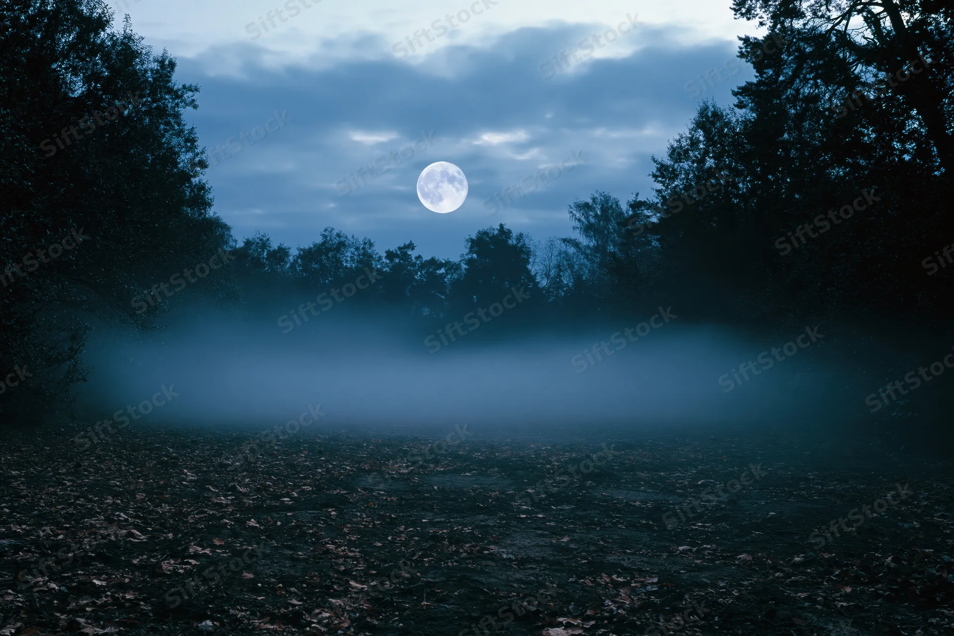 Full moon glowing over a foggy forest clearing at night