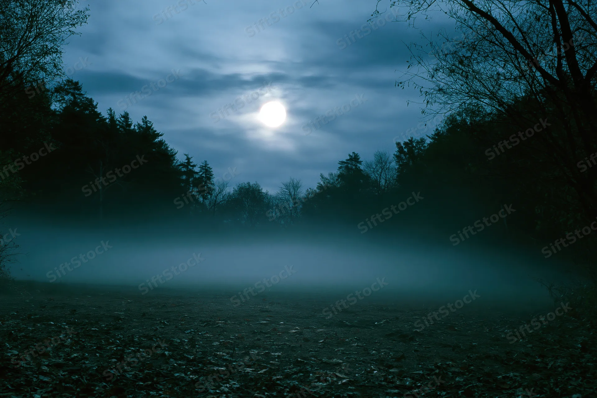 Full moon glowing over a foggy forest clearing at night