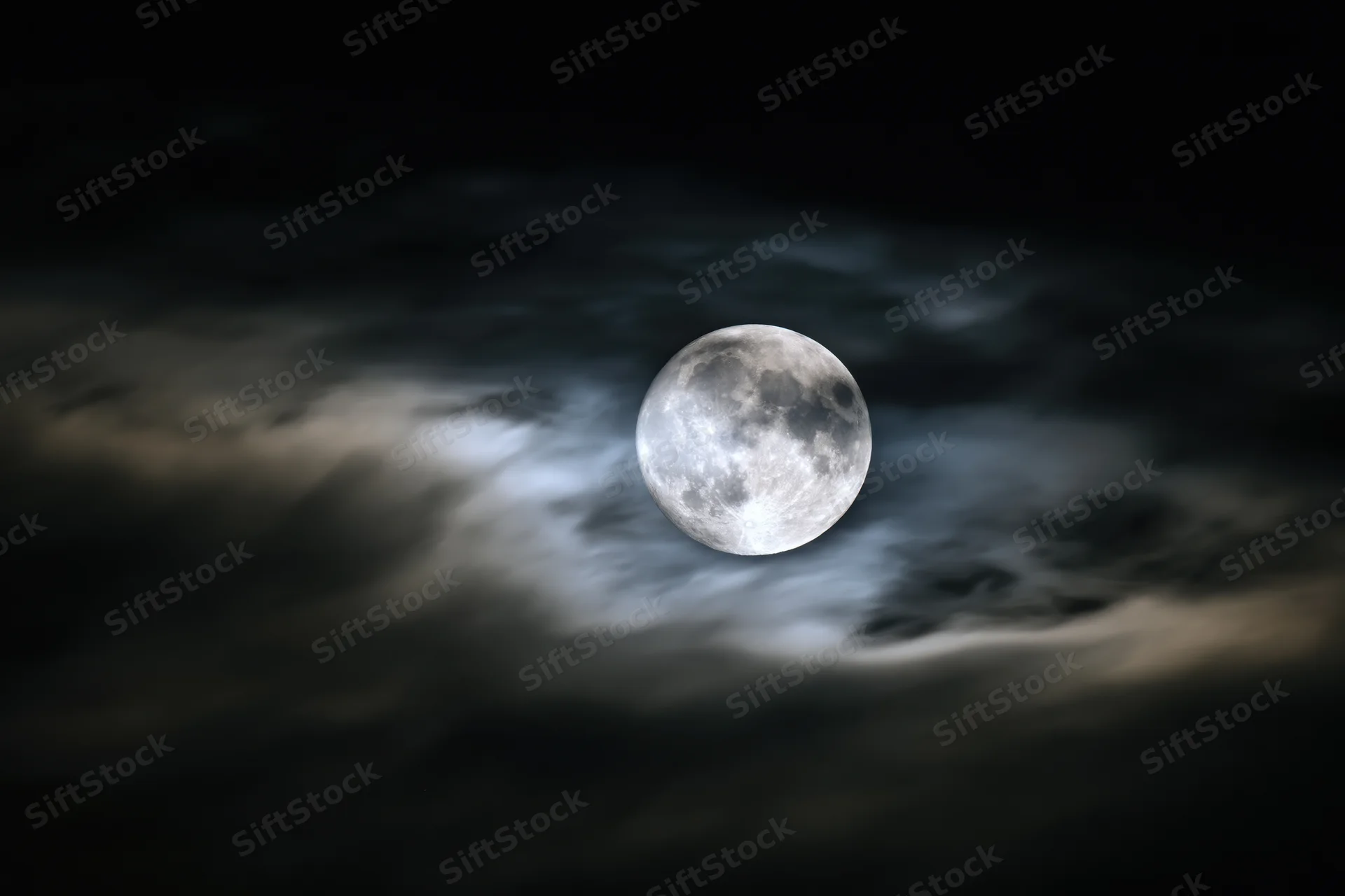 Full moon glowing through wispy clouds in dark night sky