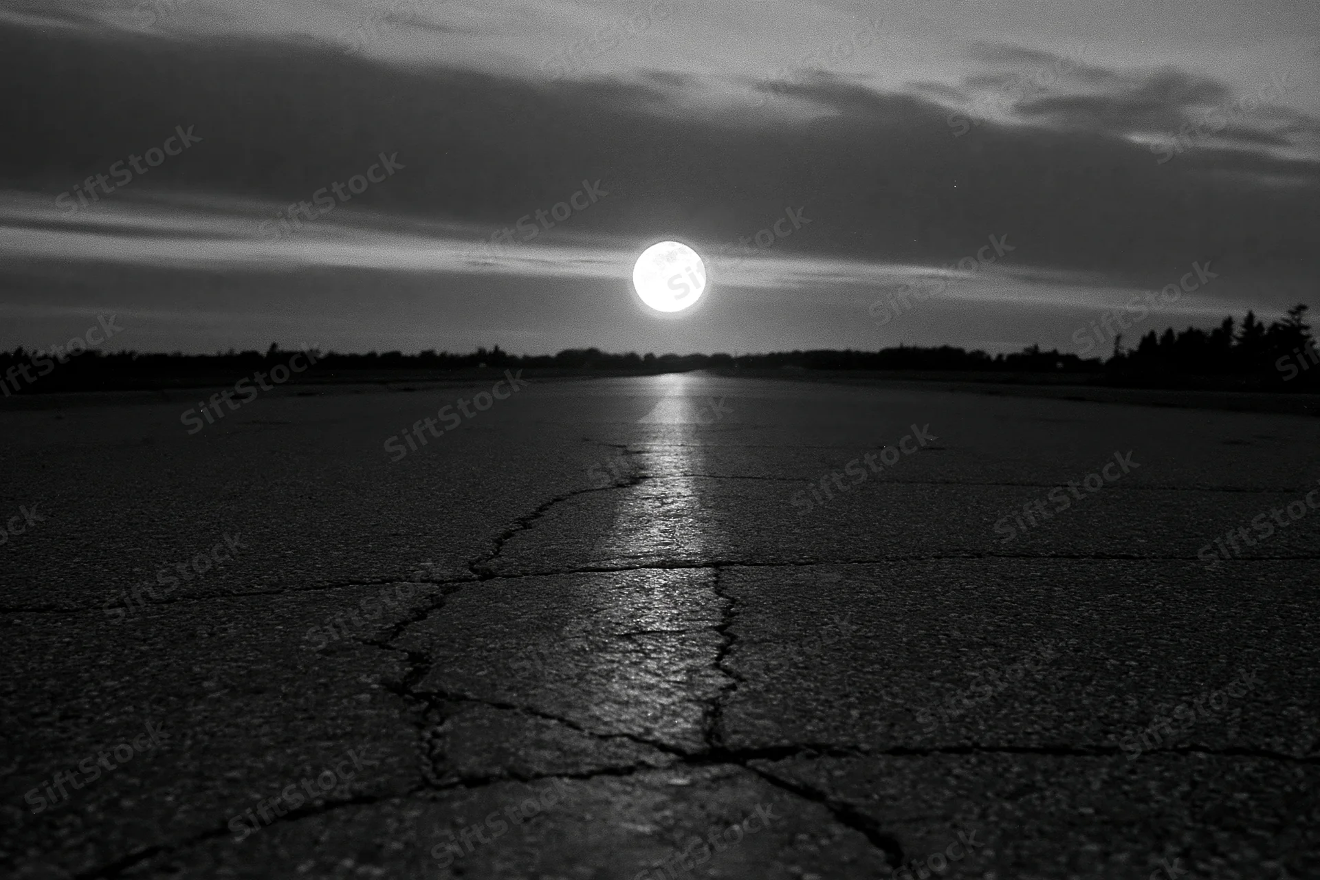 Full moon rising over cracked asphalt road at night with reflection on wet surface