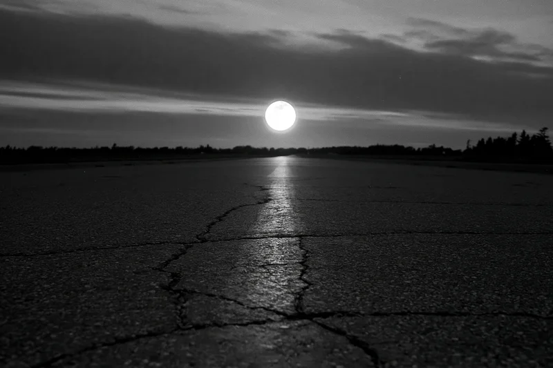 Full moon rising over cracked asphalt road at night with reflection on wet surface