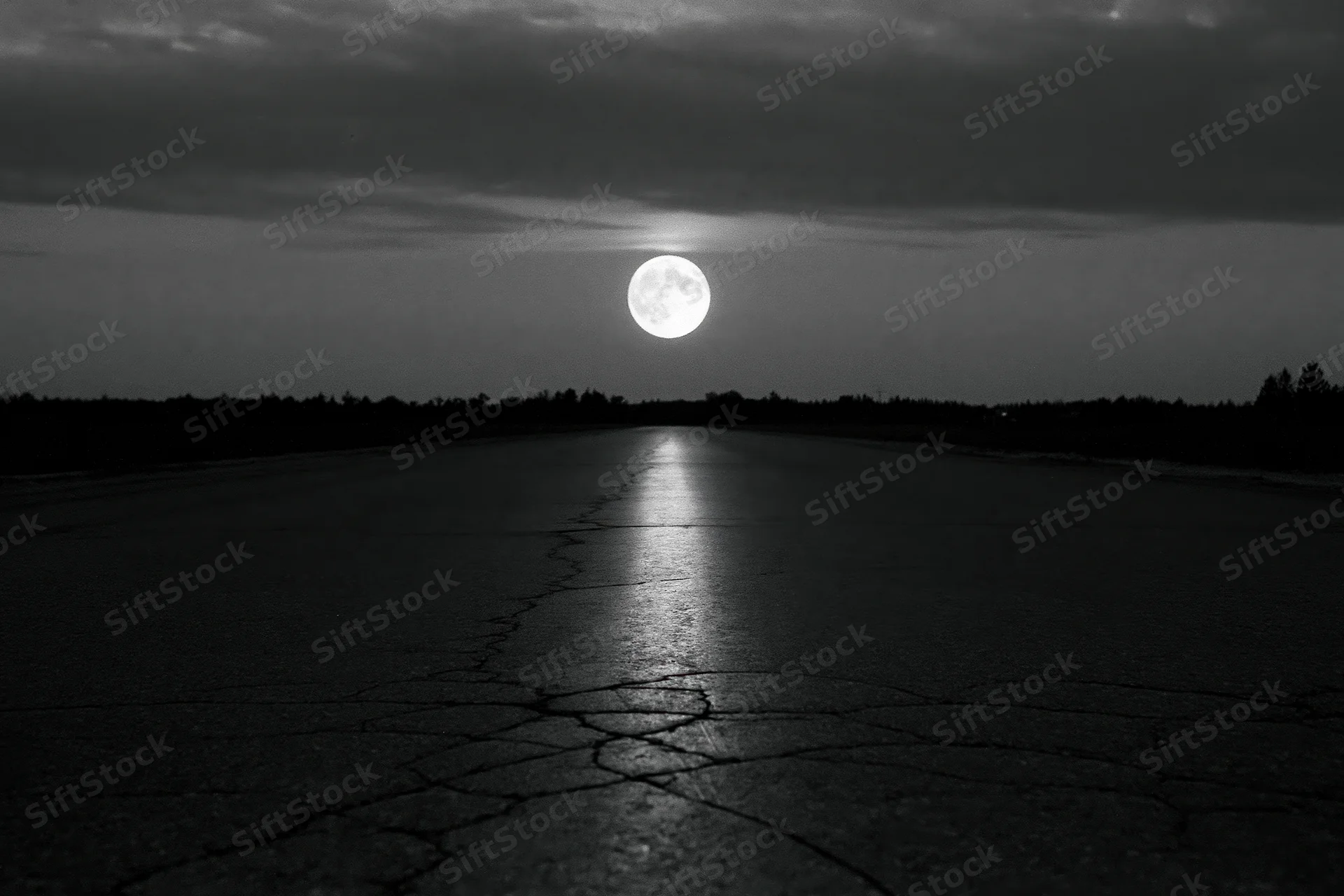Full moon rising over a cracked asphalt road at night, reflecting light on the dark surface