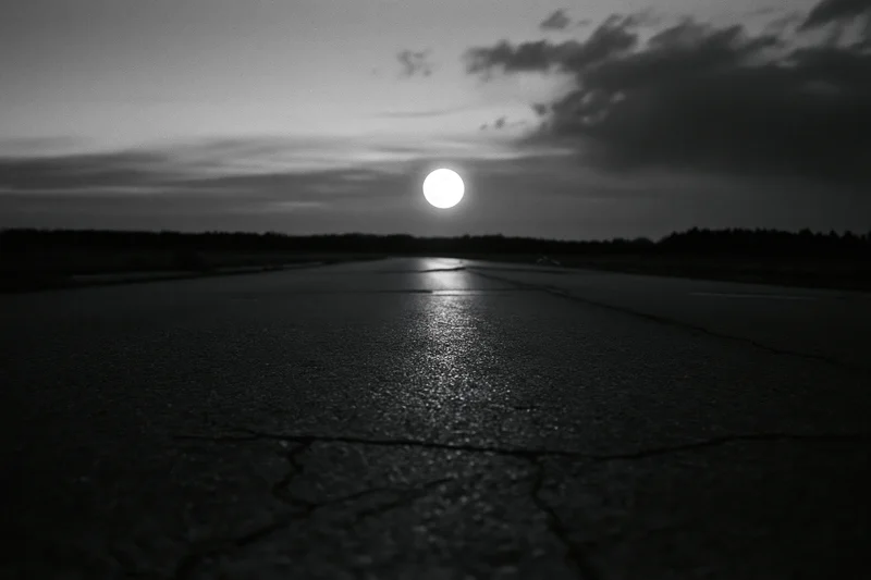 Full moon rising low over a cracked empty asphalt road at night