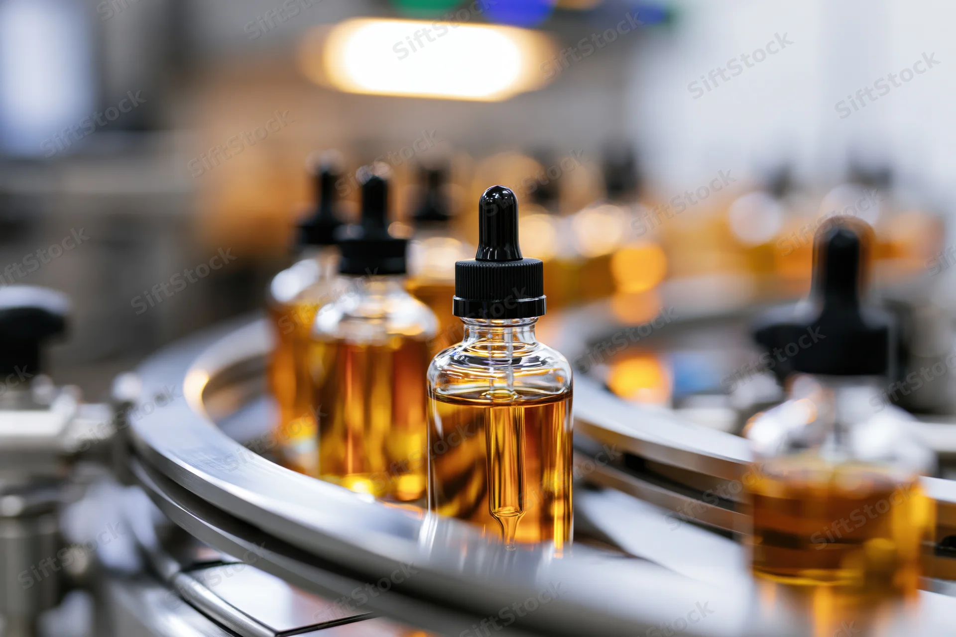 Glass dropper bottles filled with amber liquid moving along a conveyor belt in a factory production line