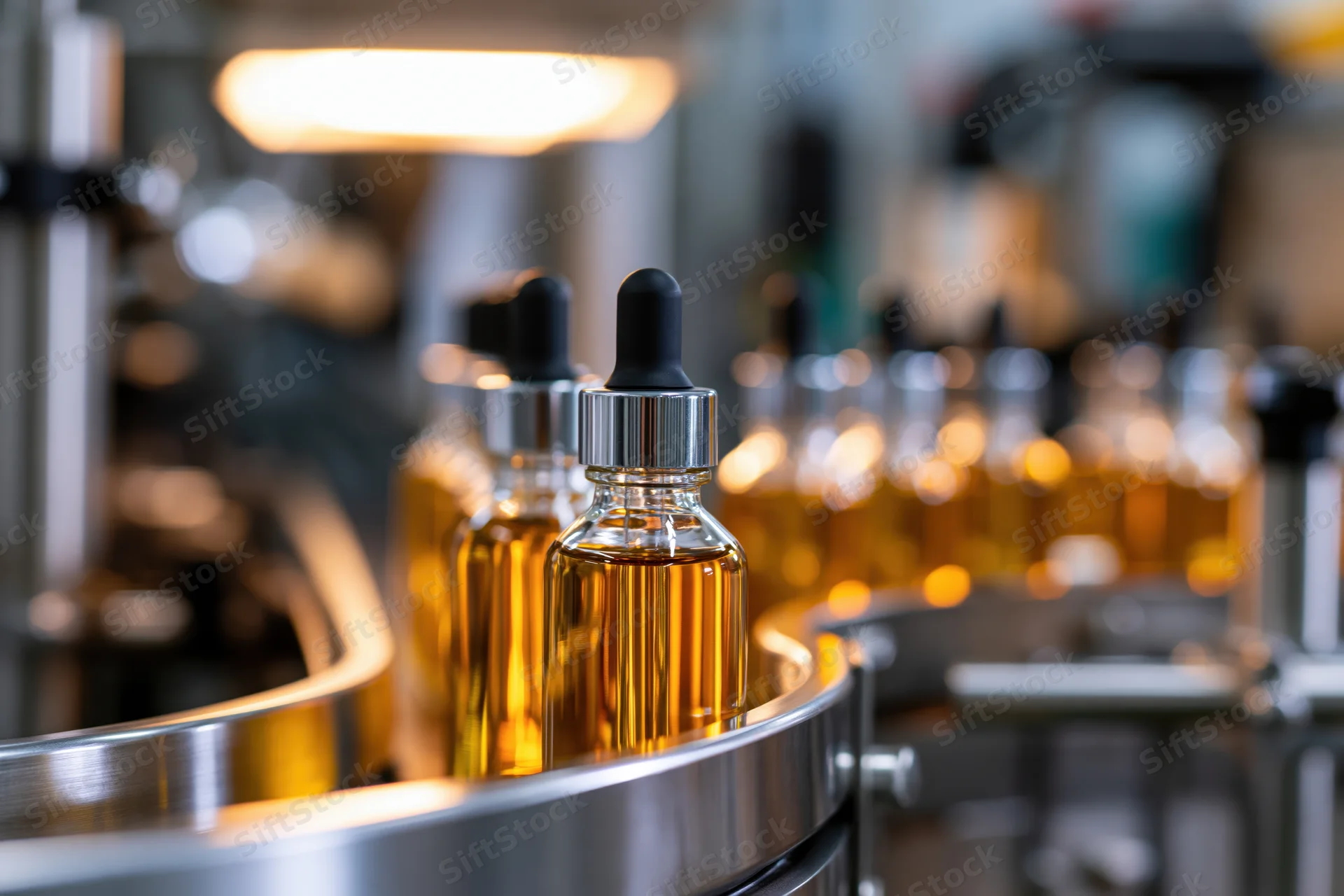 Glass dropper bottles filled with amber liquid moving along a conveyor in a factory production line