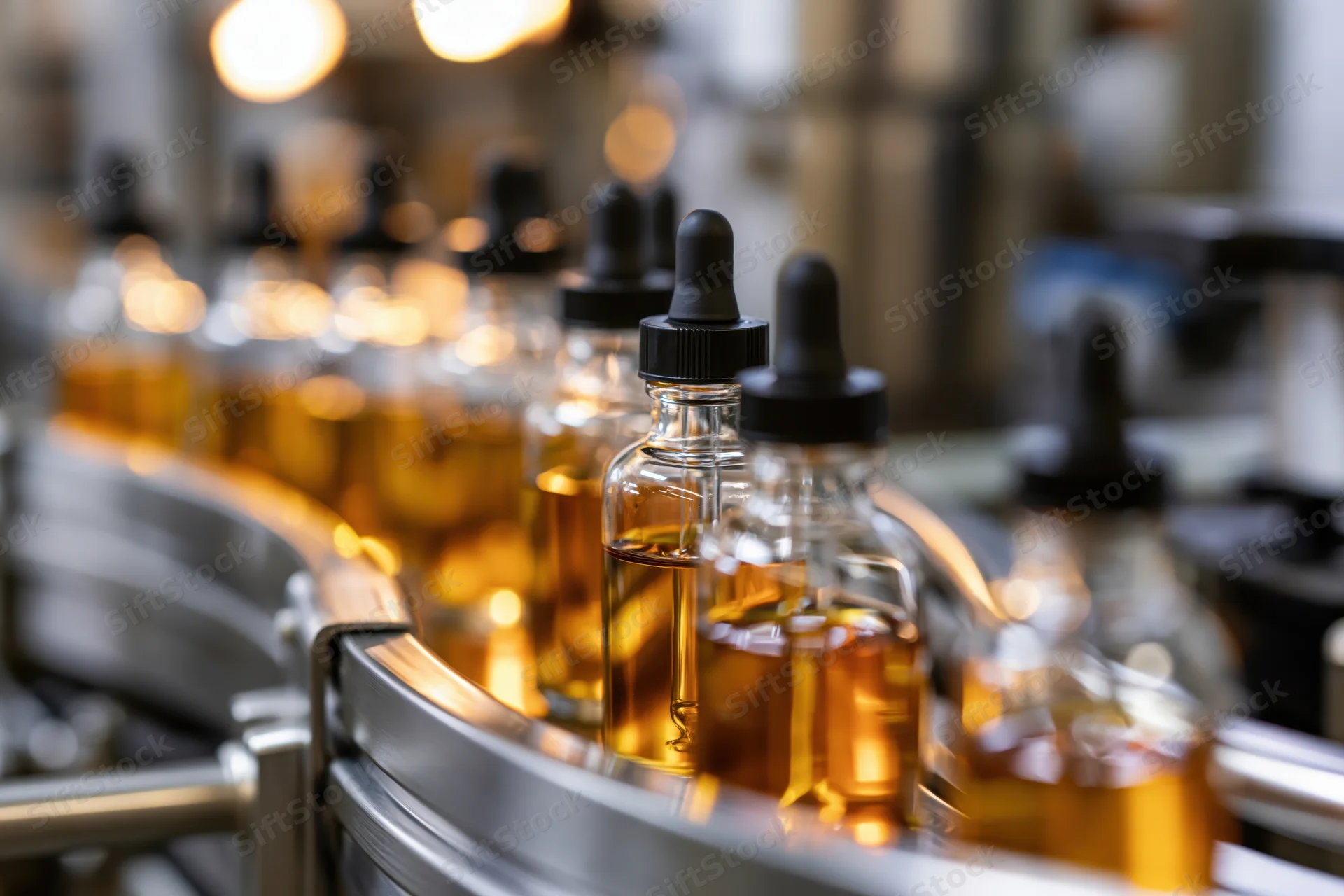 Glass dropper bottles filled with amber liquid moving along a conveyor belt in a factory production line