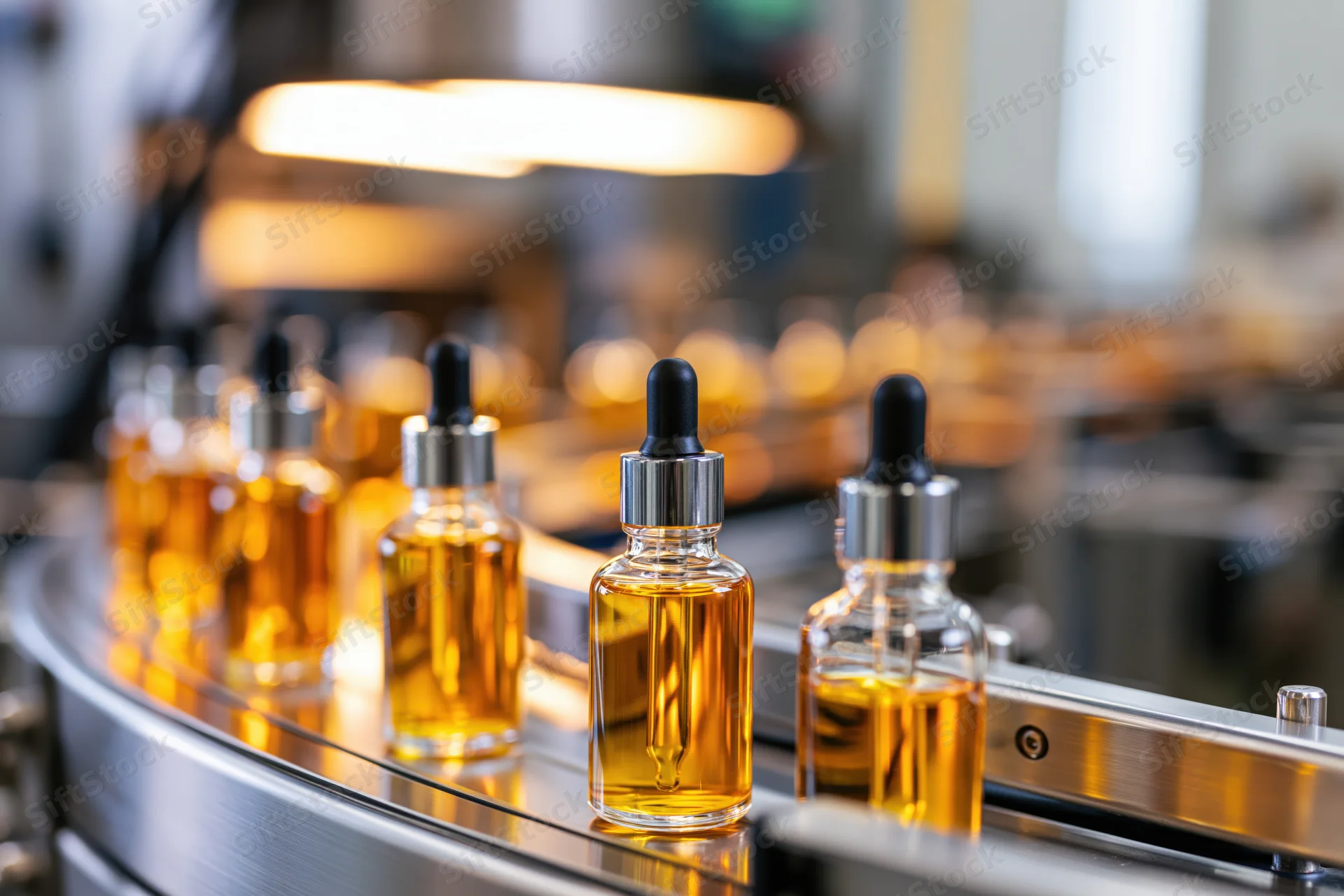Glass dropper bottles filled with amber liquid moving along a conveyor belt in a factory production line
