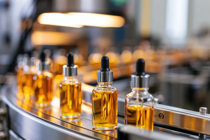 Glass dropper bottles filled with amber liquid moving along a conveyor belt in a factory production line