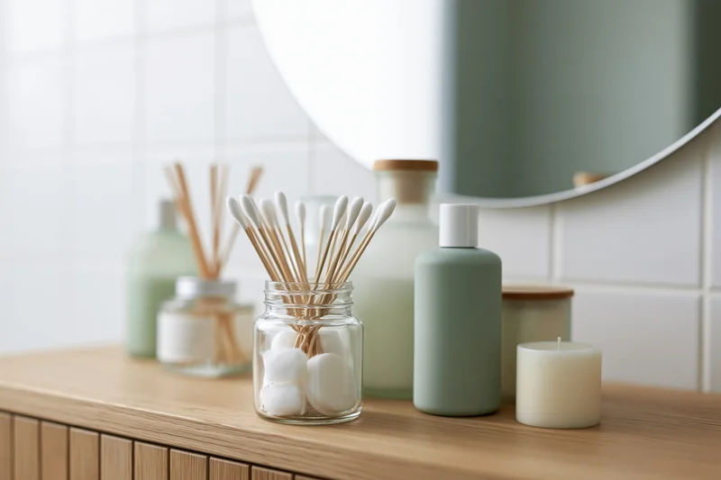 Glass jar with cotton swabs and cotton pads on a wooden vanity in a bathroom