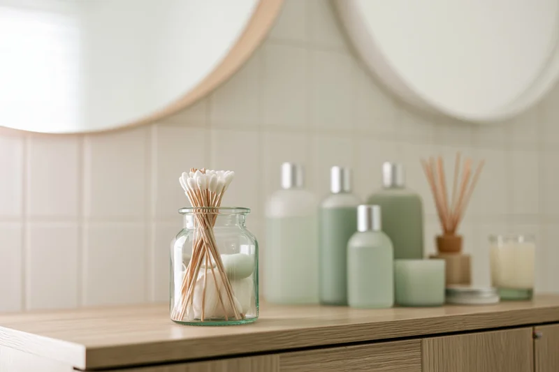 Glass jar with cotton swabs and cotton pads on a light oak bathroom vanity countertop near mirrors and mint green bottles