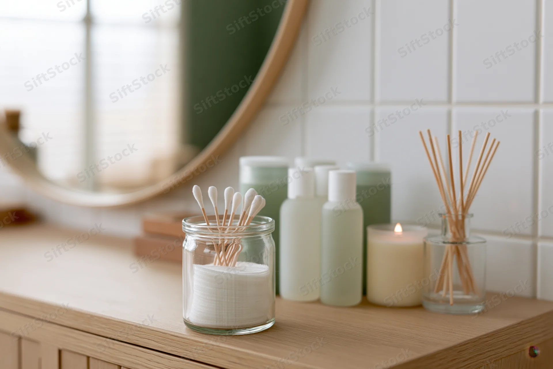 Glass jar with cotton swabs and cotton pads on a wooden vanity beside skincare bottles, candle and reed diffuser in a tiled bathroom