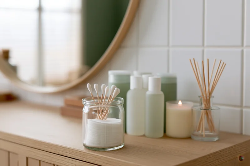 Glass jar with cotton swabs and cotton pads on a wooden vanity beside skincare bottles, candle and reed diffuser in a tiled bathroom