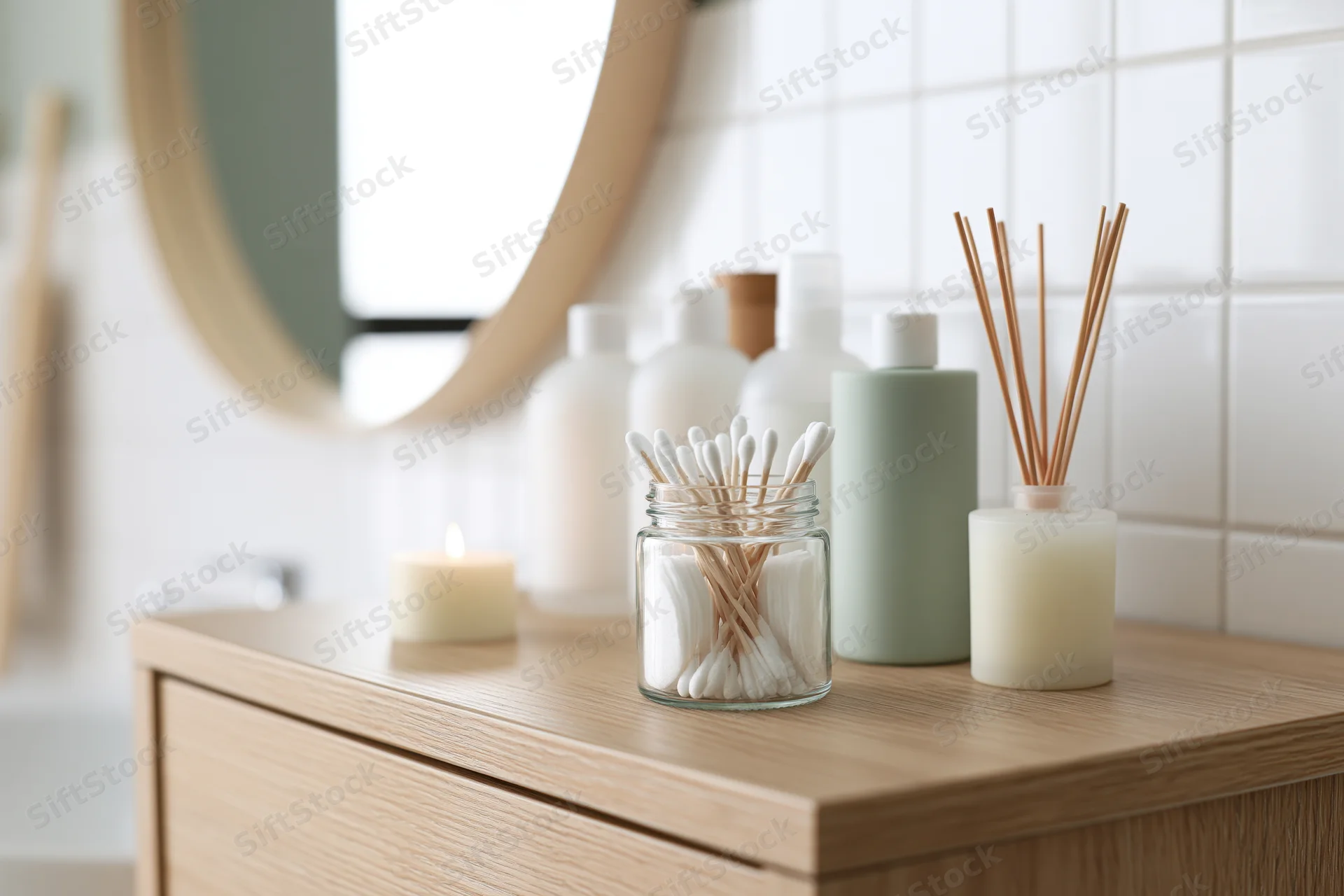 Glass jar with cotton swabs and cotton pads on a wooden bathroom vanity beside a reed diffuser and candle
