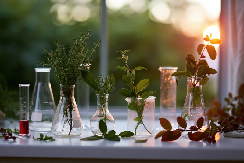 Glass laboratory flasks and beakers holding fresh herbs and plants arranged on a white table by a window at sunset