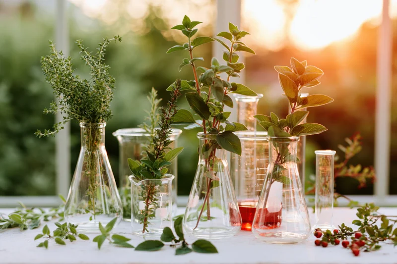 Glass laboratory flasks and beakers holding fresh herbs and plants arranged on a table outdoors in sunlight