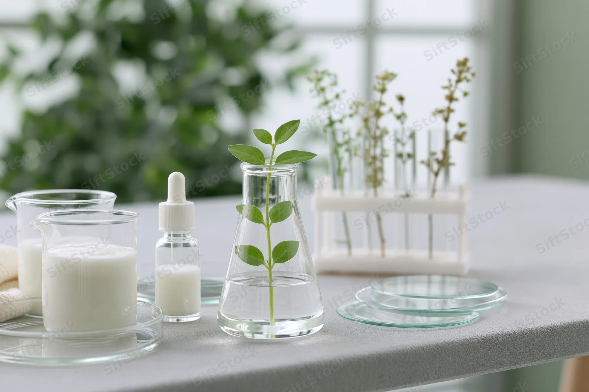 Glass laboratory equipment with a growing plant and skincare ingredients arranged on a table