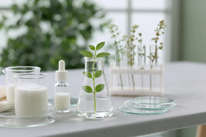 Glass laboratory equipment with a growing plant and skincare ingredients arranged on a table