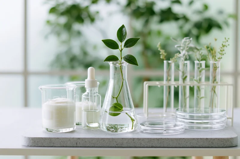 Laboratory glassware with plant sprout and scientific tools arranged on a table near a window