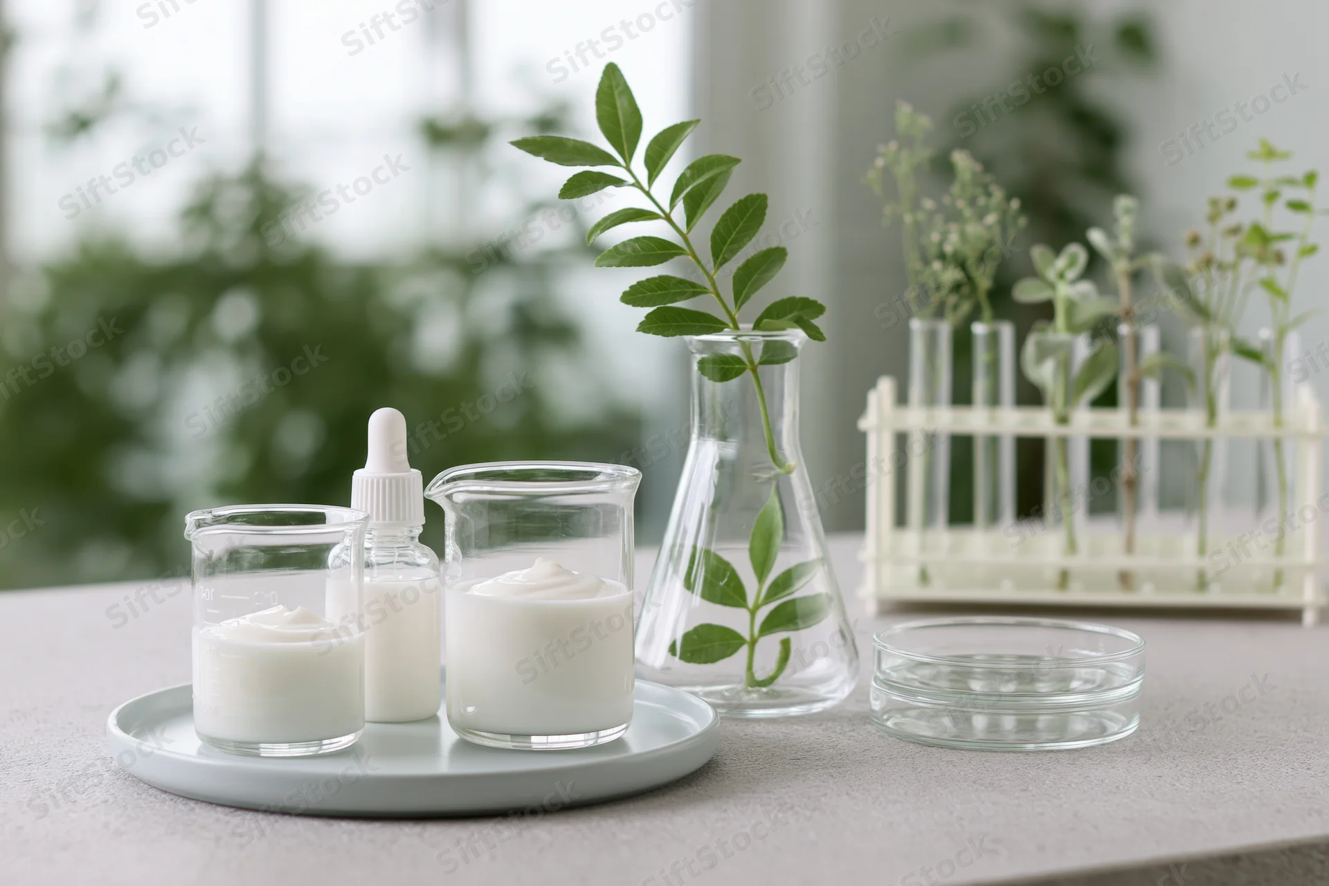 Glass laboratory equipment with skincare products and green plants on a gray table