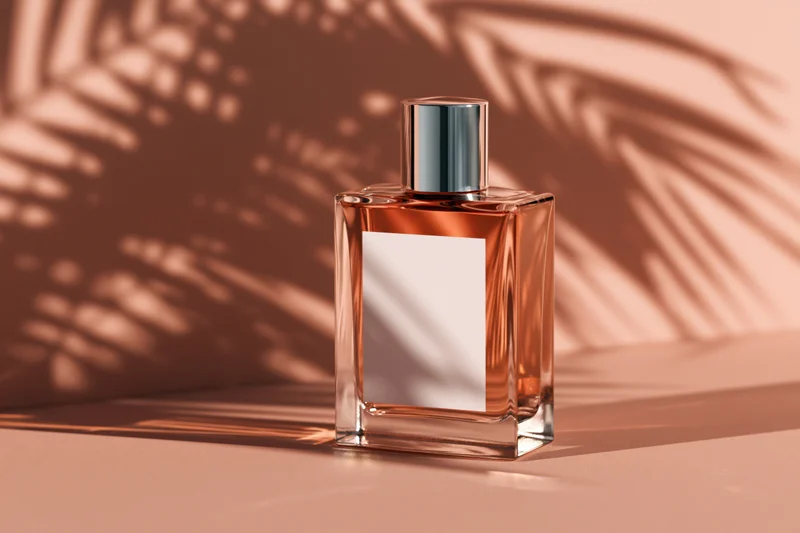 Glass perfume bottle with blank label on peach surface under palm leaf shadows