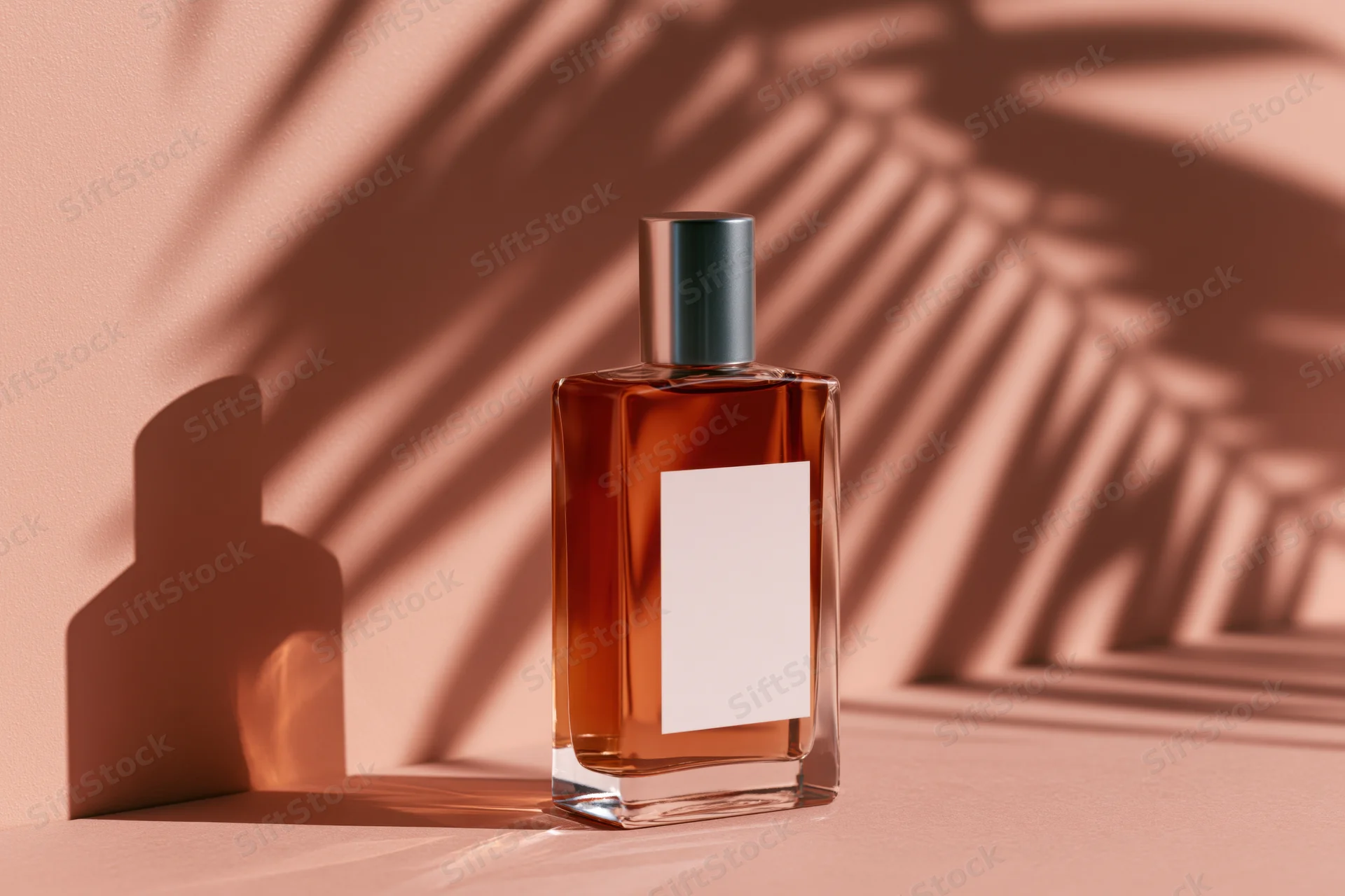 Glass perfume bottle with blank label on a warm-toned surface under palm leaf shadows