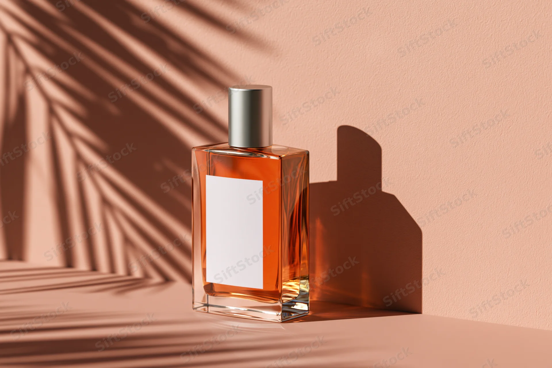 Glass perfume bottle with amber liquid and blank white label on a peach surface with palm shadow