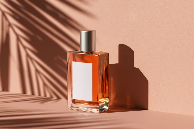 Glass perfume bottle with amber liquid and blank white label on a peach surface with palm shadow