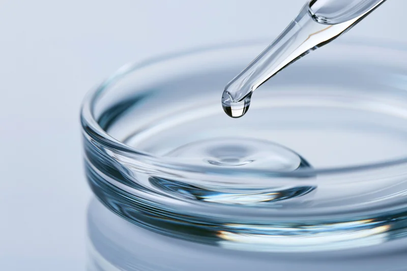 Glass pipette releasing a drop of clear liquid into a shallow glass dish