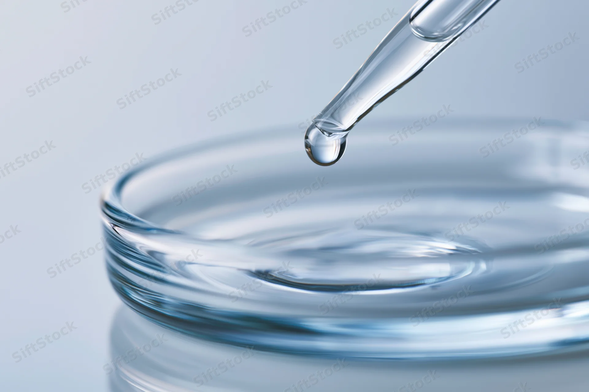 Glass pipette releasing a drop of clear liquid onto a round glass dish in a lab setting