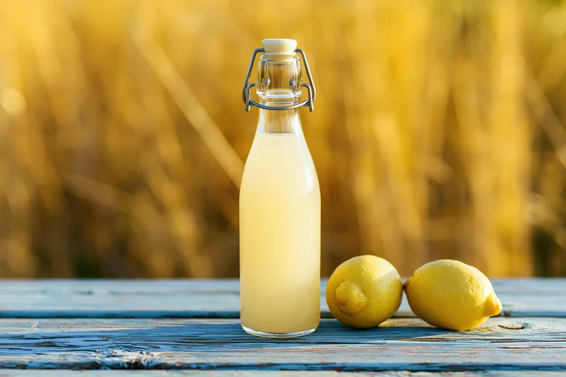 Glass swing-top bottle filled with pale lemon juice on a weathered blue wooden table beside two lemons, set against a golden field in sunlight