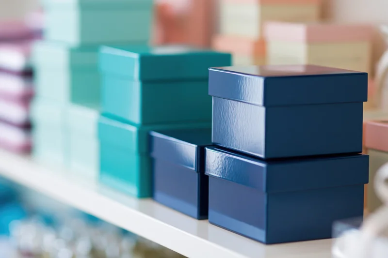 Glossy teal and deep blue gift boxes stacked on a white shelf in a retail display