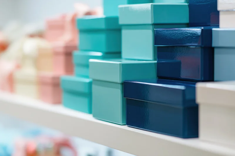 Glossy teal and blue gift boxes stacked on a white shelf in a retail display