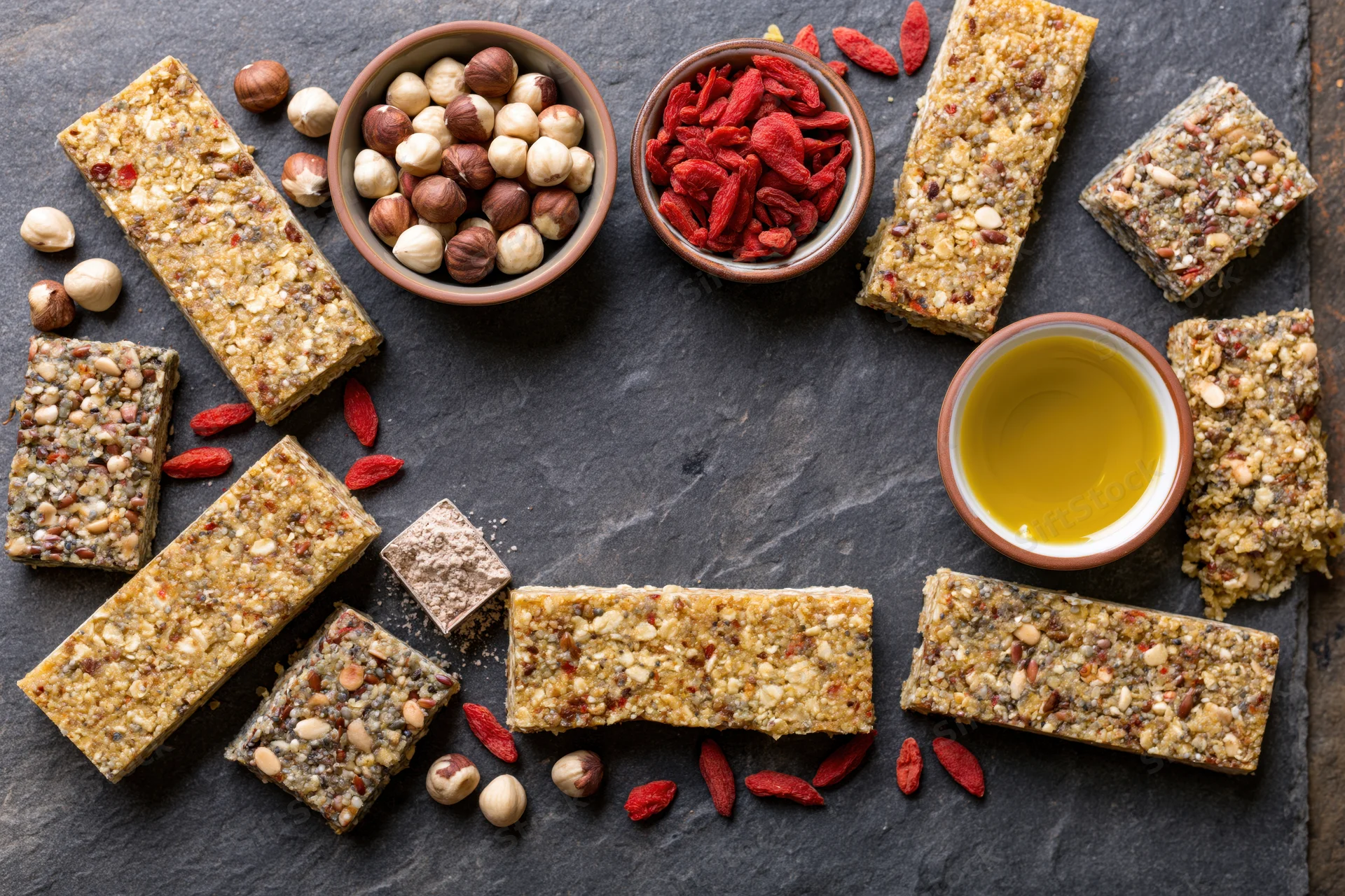 Granola and seed bars arranged in a loose frame around scattered nuts, goji berries, and honey on a dark slate surface